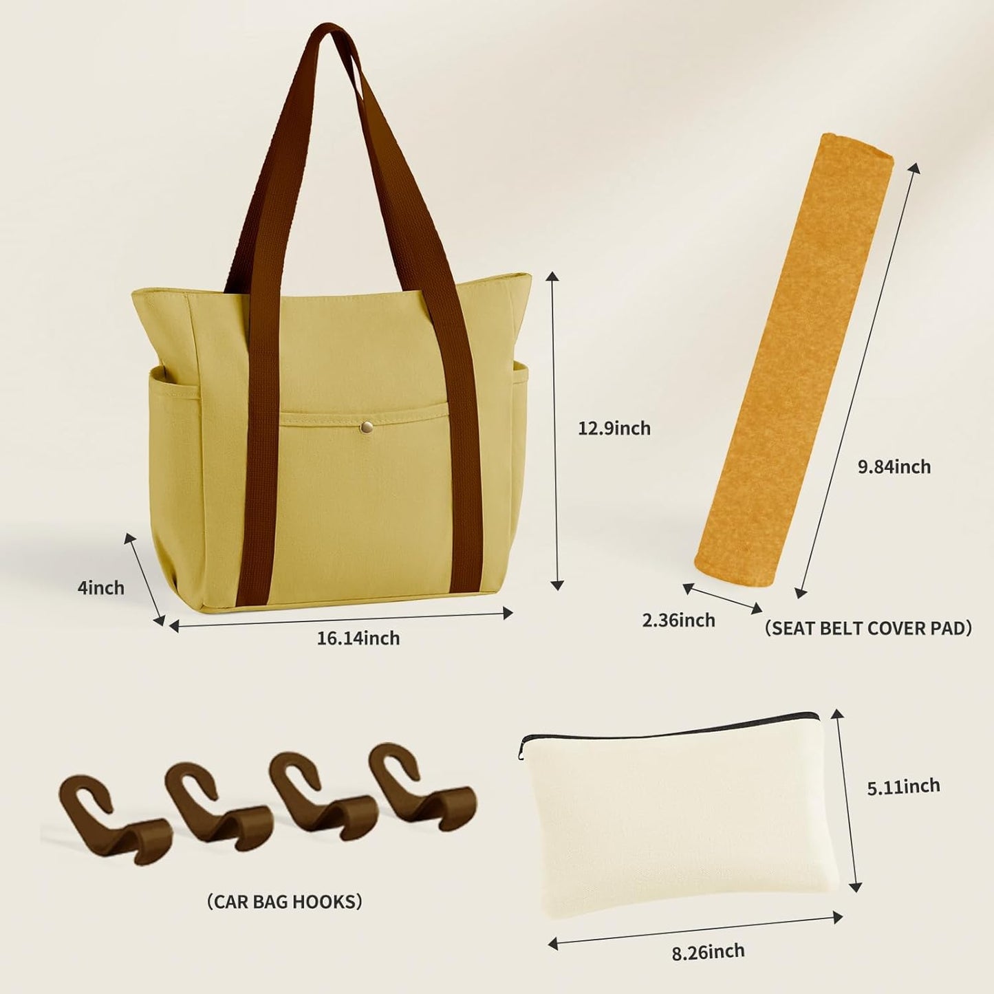 MeZQ Zippered Canvas Utility & Travel Tote Bag for Women - Multi-Pocket Compartments | car bag hooks,makeup bag,car hooks