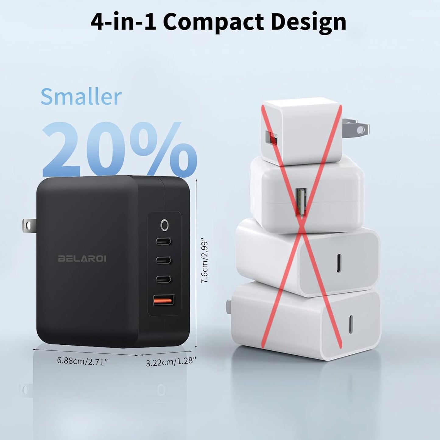 BELAROI 140W USB C Wall Charger Block, PD 3.1 4-Port GaN Charger, 140W Foldable Fast Charging Block, Small Size and Light Weight for iPhone, Galaxy, iPad and More (Black)