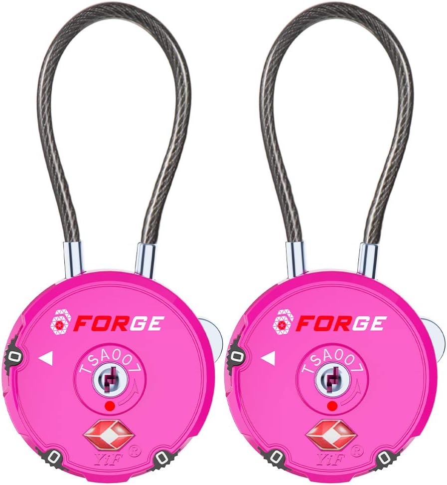 Forge Quality TSA Approved Luggage Locks for Travel Accessories, Suitcase, Pelican case, Set Your own Combination, Zinc Alloy Body-Cable Locks Pink 2 Locks