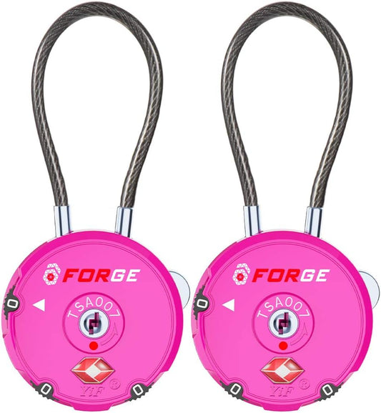 Forge Quality TSA Approved Luggage Locks for Travel Accessories, Suitcase, Pelican case, Set Your own Combination, Zinc Alloy Body-Cable Locks Pink 2 Locks