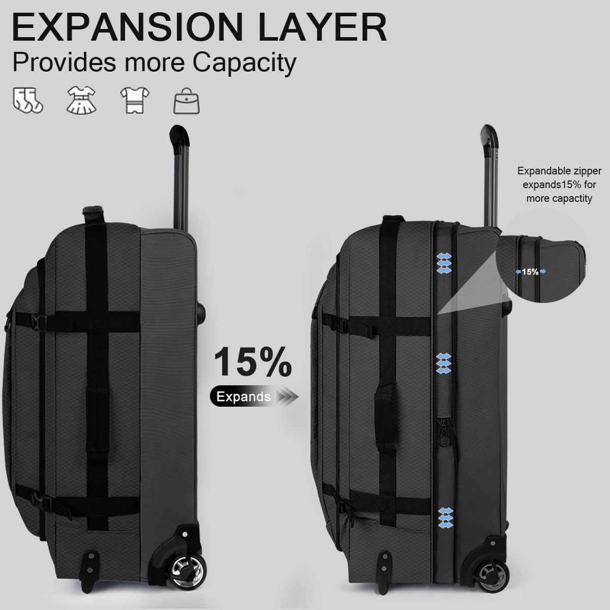 26'' Rolling Duffle Bag with Wheels,Rolling Duffle Bag w/Handle,Carry on Luggage Travel Duffle Bags for Man Women（26,Black）