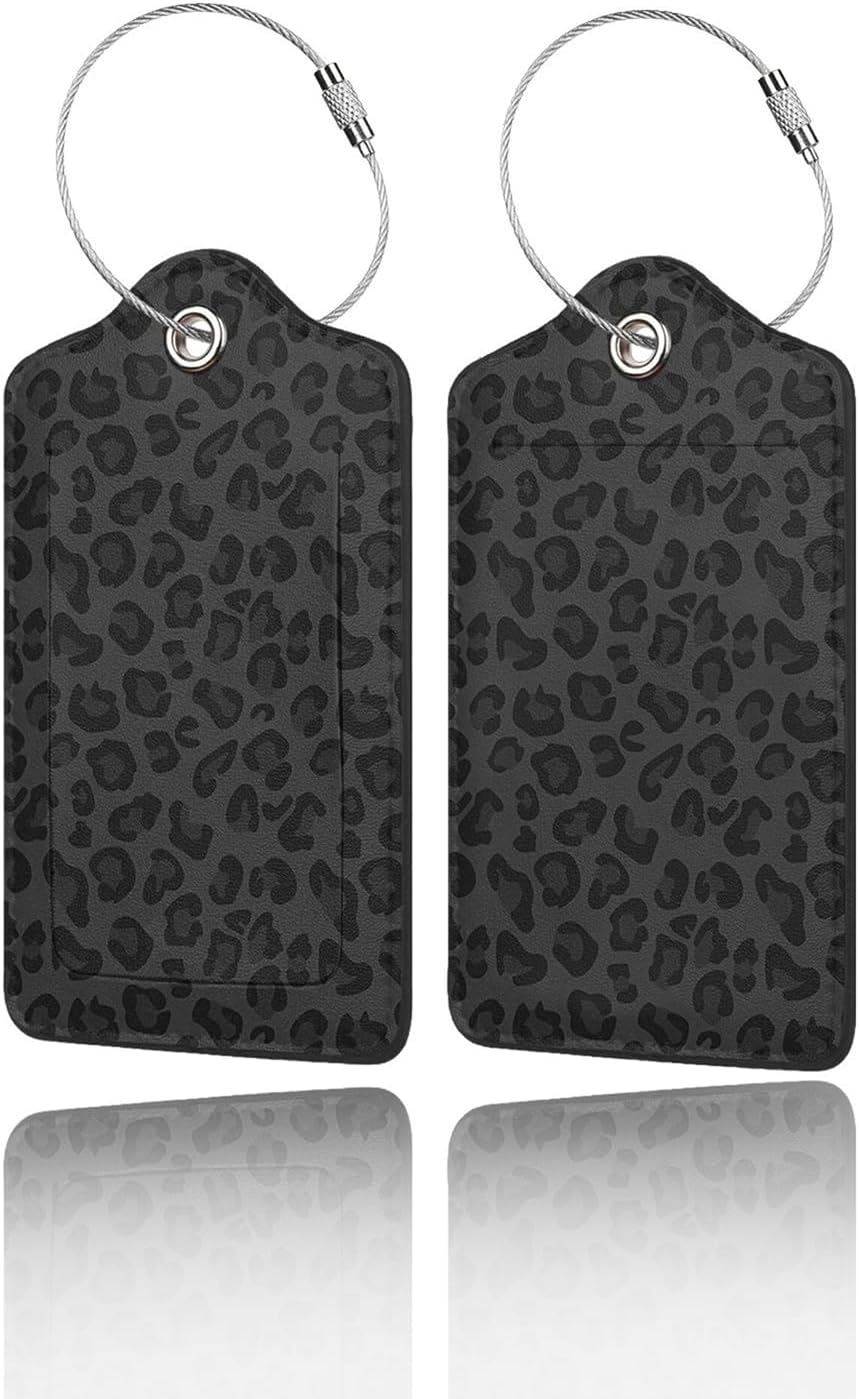 2 Pack Luggage Tags for Suitcase, Privacy Cover ID Label with Stainless Steel and Address Card for Travel Bag Backpack Cruise Ship Essentials Tag Women Girls - Black Leopard Cheetah