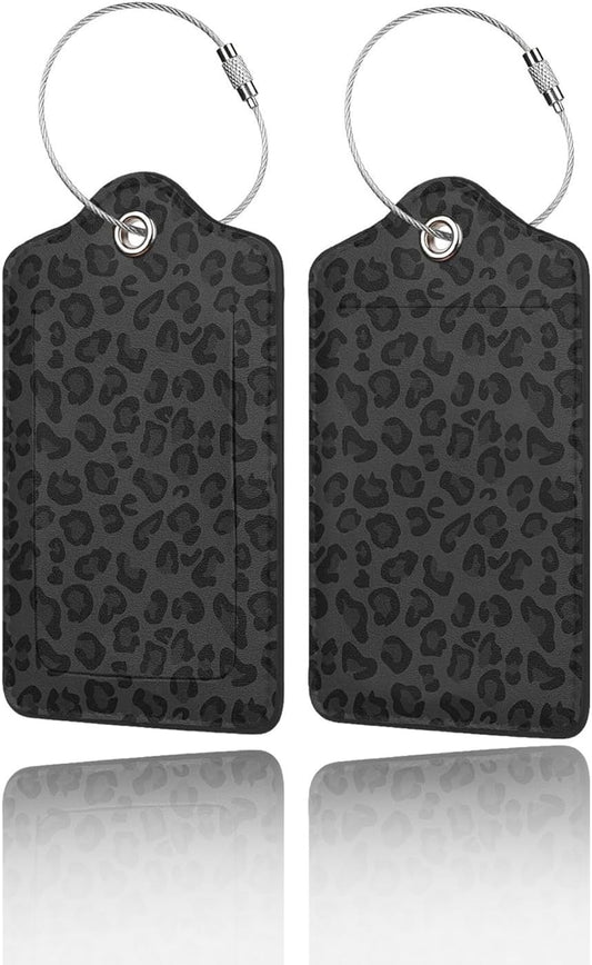 2 Pack Luggage Tags for Suitcase, Privacy Cover ID Label with Stainless Steel and Address Card for Travel Bag Backpack Cruise Ship Essentials Tag Women Girls - Black Leopard Cheetah