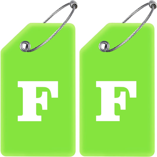 Gostwo 2 Pack Silicone Luggage Tags for Suitcases, 26 Initial Letter Baggage Labels Handbag School Bag Suitcase Instrument Tag with Stainless Steel Loop(Green)(Letter F)