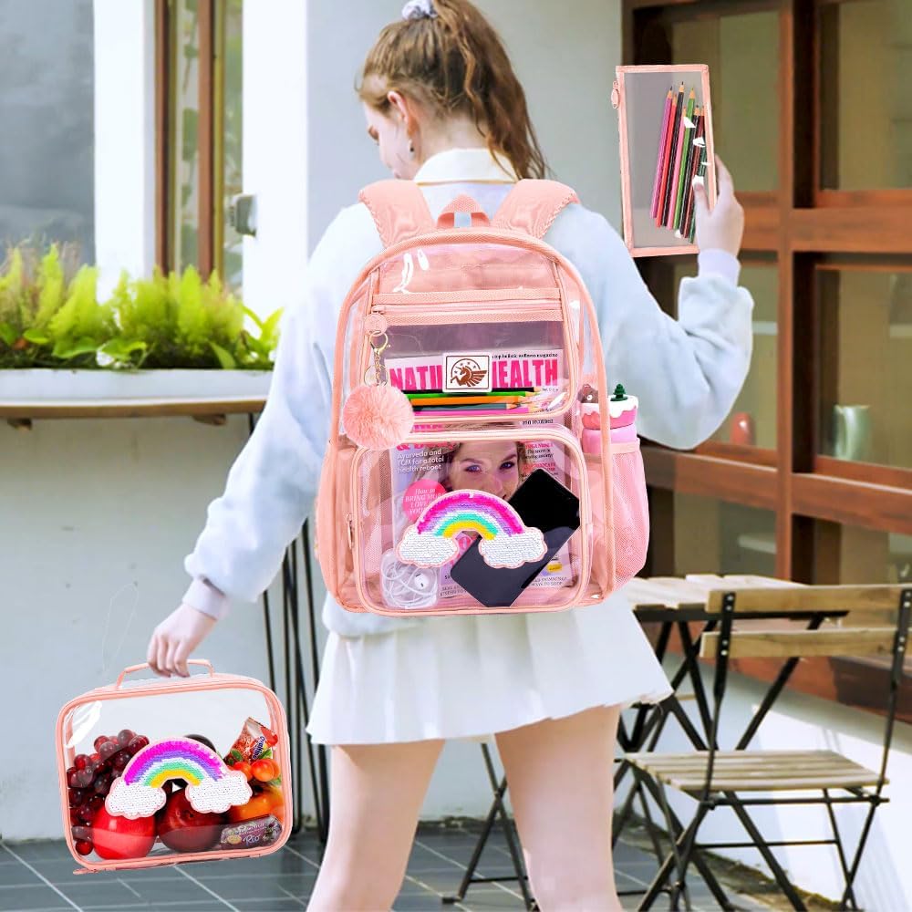 Clear Backpack for Girls and Boys, Kids Transparent Bookbag, 3PCS Cute See Through School Bag for Elementary Prechool