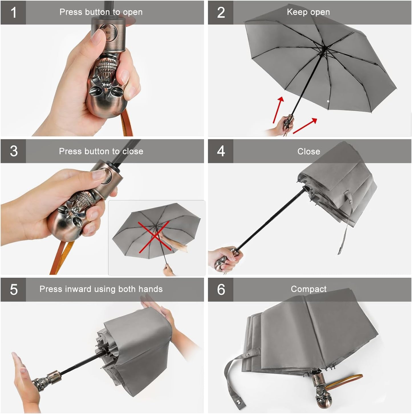 Lejorain Mens Black Skull Umbrella - Automatic Luxury Travel Windproof Umbrella Compact - Portable Strong Lightweight Rain Umbrella for Adults