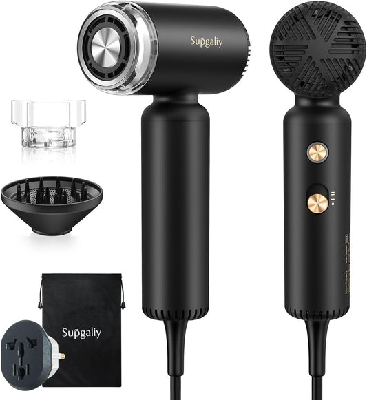 Dual Voltage Hair Dryer, High-Speed Ionic Blow Dryer for Fast Drying, Travel Compact Hair Blow Dryer with Magnetic Curly Diffuser for Home, Portable Hairdryer International 110-240V