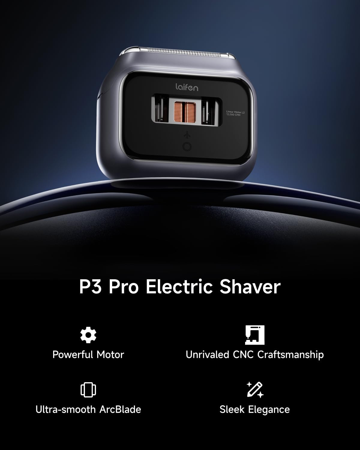 Laifen P3 Pro 3-Blade Electric Shaver, Dual Linear High-Speed Motors 12,000 Cuts/Min, 100-Min