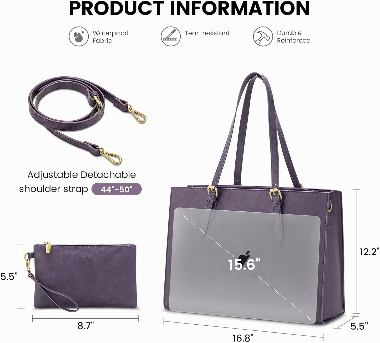 LOVEVOOK Laptop Bag for Women, 15.6 Inch Large Waterproof Leather Work Briefcase with USB Charging Port Casual Computer Shoulder Bag Messenger, Fashion Business Office Tote Handbag Purse, Purple