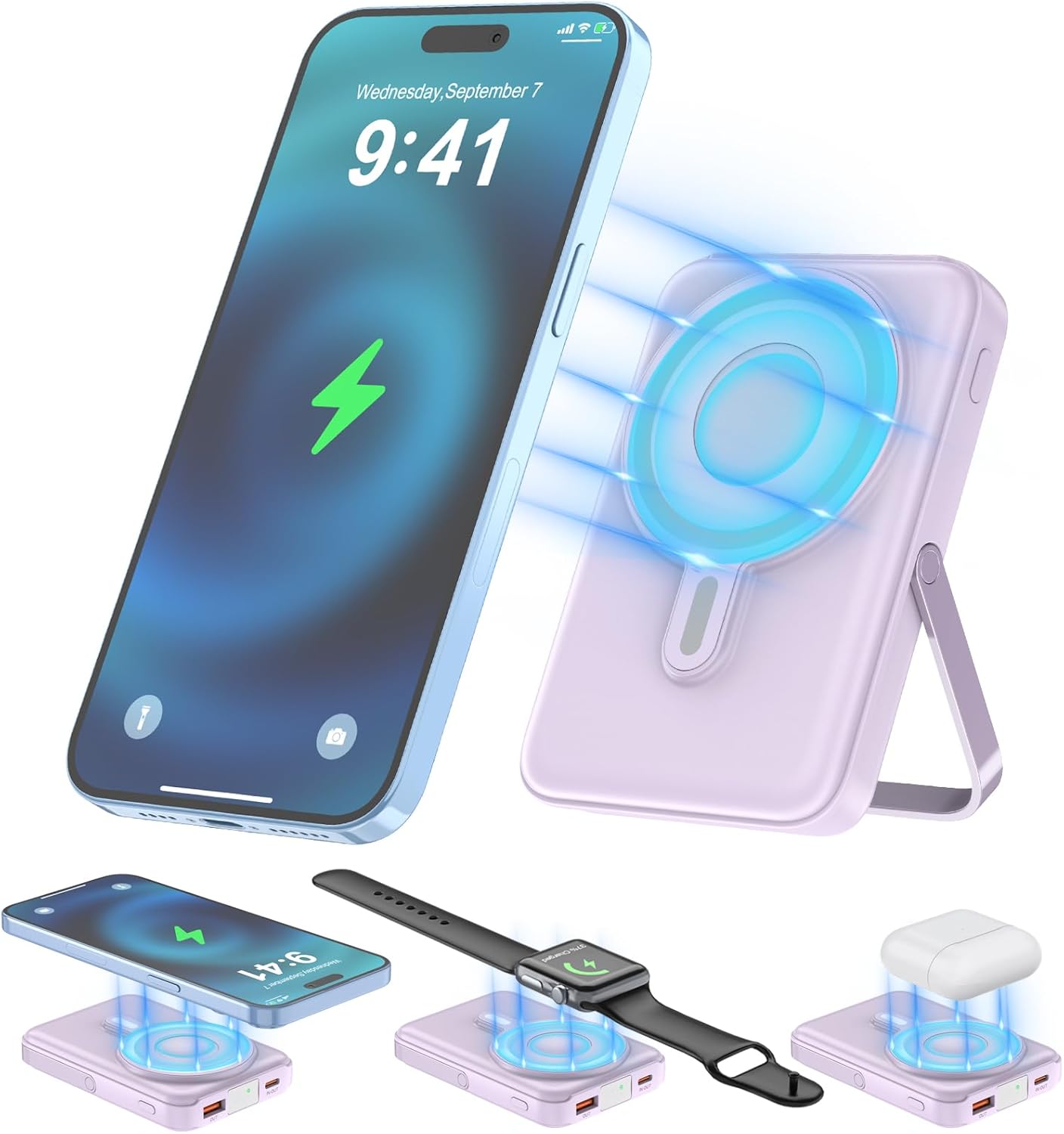 Wireless Portable Charger,3-in-1 Magnetic Power Bank 10000mAh with LED Display,22.5W Fast Charging Mag-Safe Battery Pack,Compatible with iPhone 15/14/13/12, Apple Watch Series, Airpods (Purple)