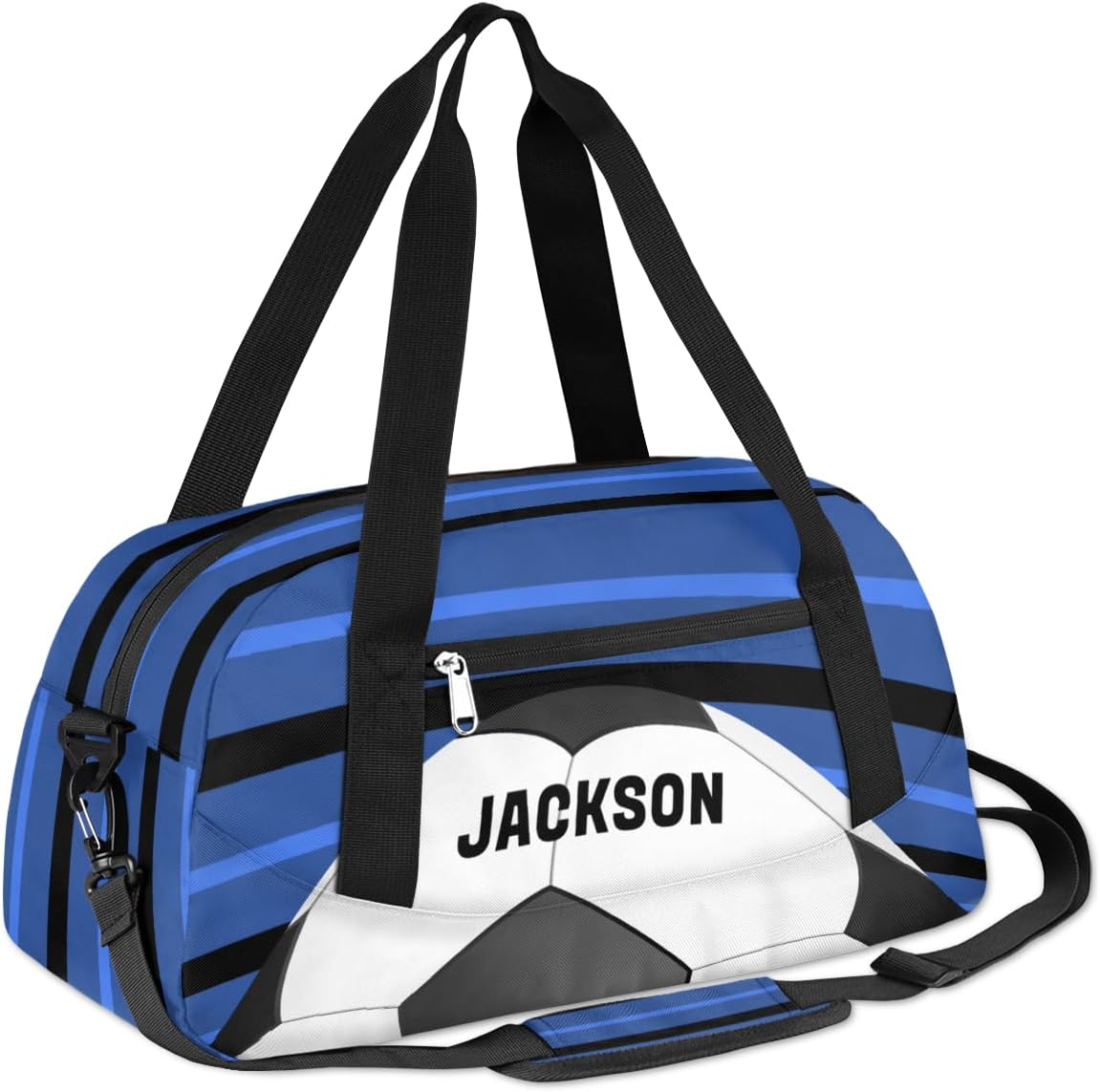 Soccer Ball Custom Name Kids Overnight Duffel Bags Boys Blue Stripe Personalized Sport Gym Bag Customized Duffel Bag for Travel Weekender Practice Gymnastics