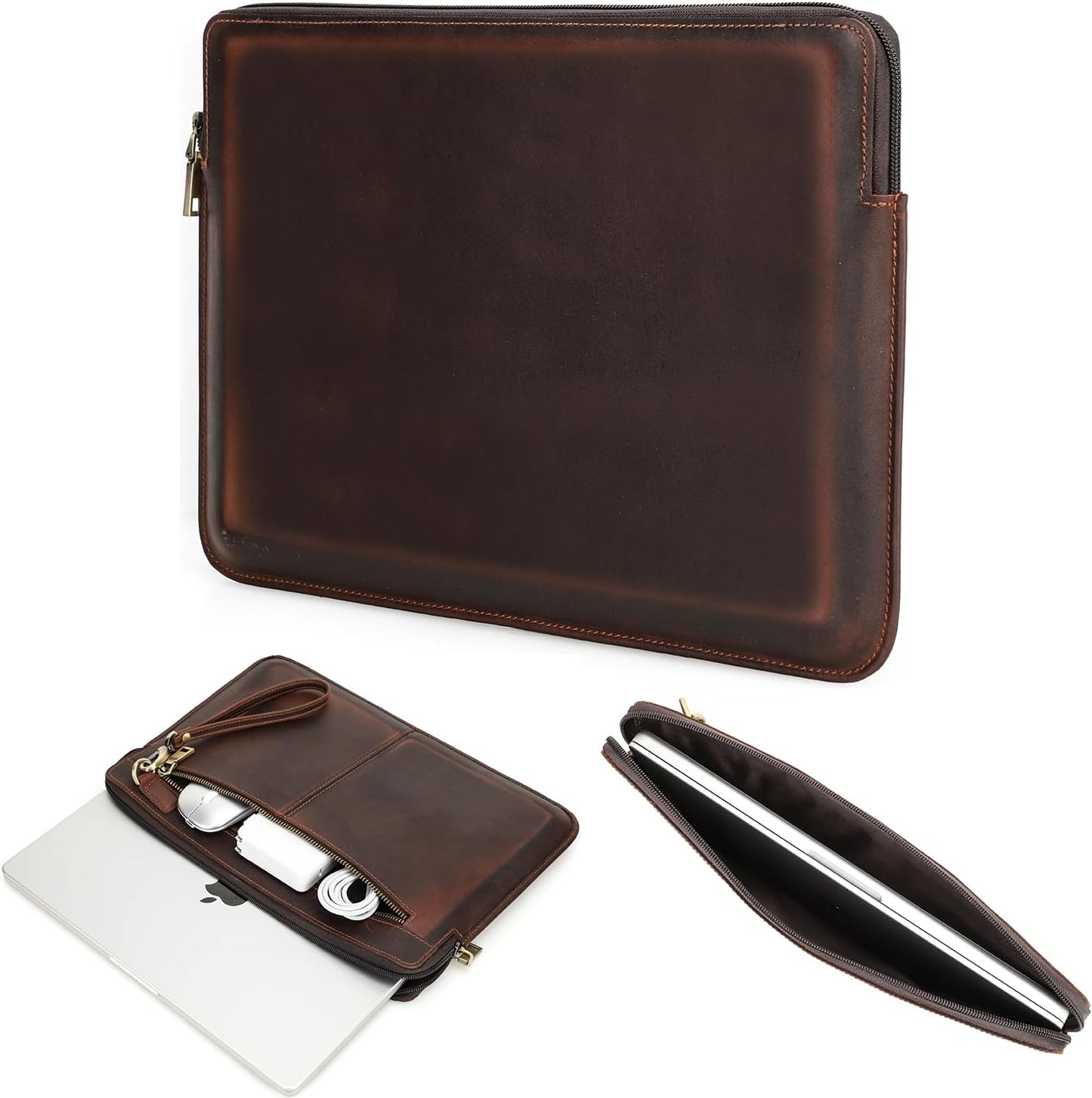 Top Grain Leather 13.3" Slim Laptop Sleeve Case Bag, Vintage Design with 2 Zip Pocket, Handmade, Compatible with MacBook Pro 13.3" MacBook Air 2022 DELL XPS 13" & Other PC, Coffee 13.3 Inch