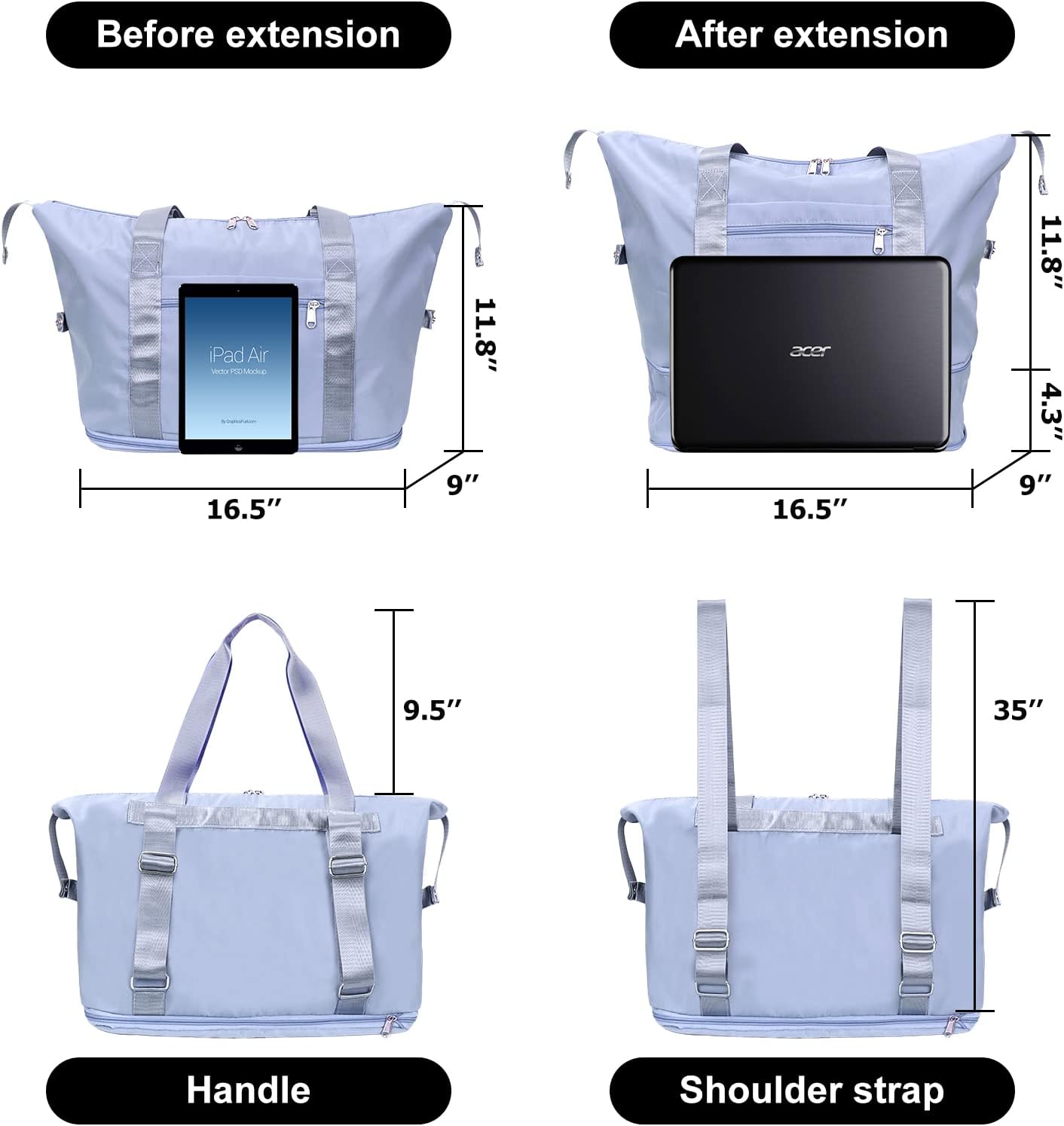 Large Capacity Folding Travel Tote Bag, Oxford Fabric Waterproof Lightweight Foldable Travel Duffel Bag, Portable Expandable Travel Bag, Dry and Wet Separation Carry On Bag for Airplanes (Blue-2)