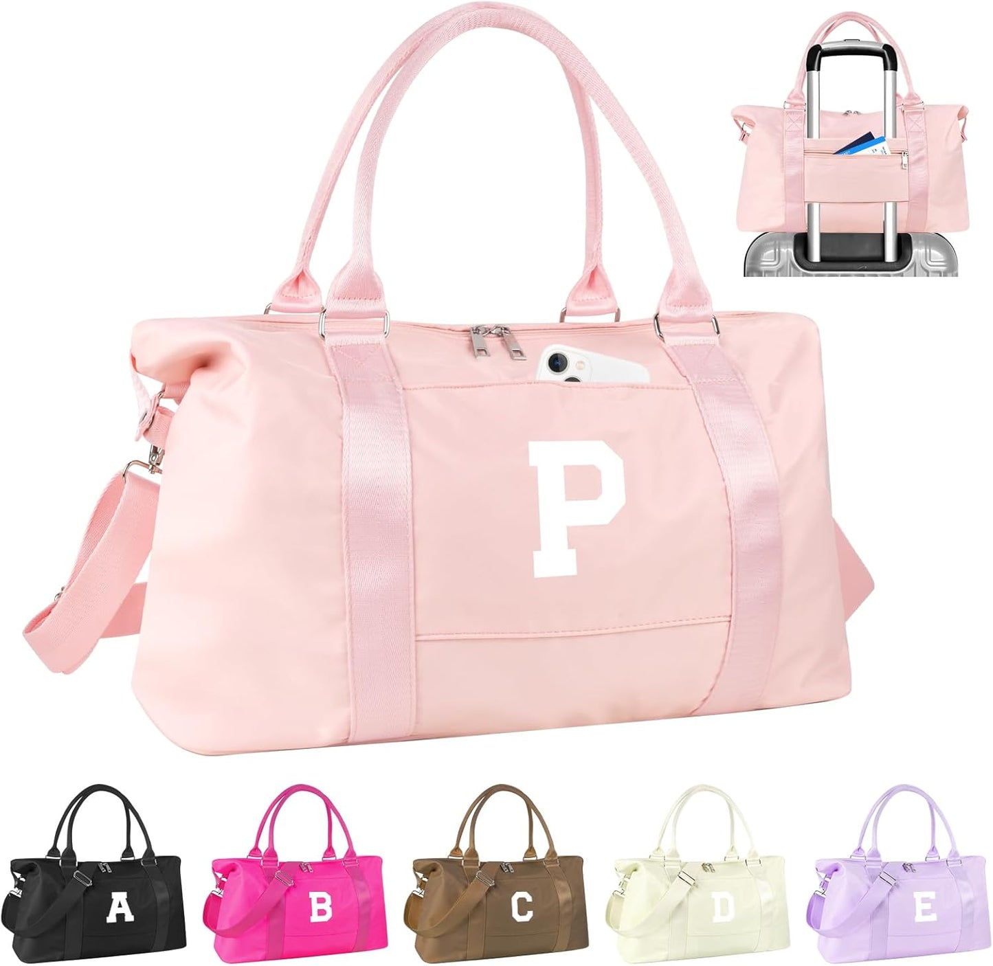 Initial Travel Duffel Bag Sports Gym Bag for Girls Teen Birthday Gifts,Pink Personalized Weekender Bag Carry On Tote Bags for Women Men,Waterproof Overnight Luggage Bag with Trolley Sleeve(Letter P)