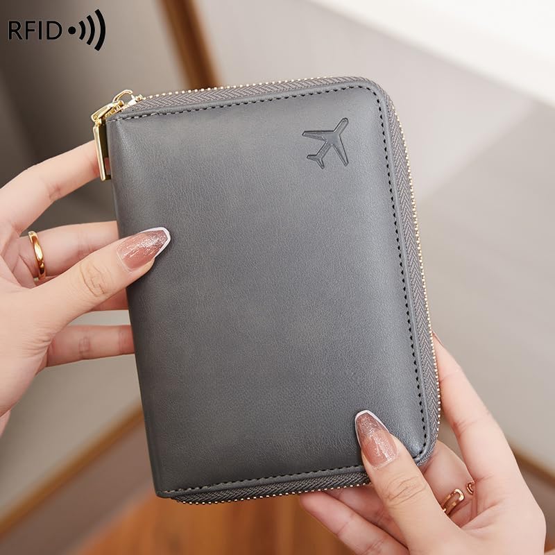 Genuine Leather Wallet Unisex Zipper Passport Holder RFID Blocking Waterproof - Vintage Travel Wallet (Grey)