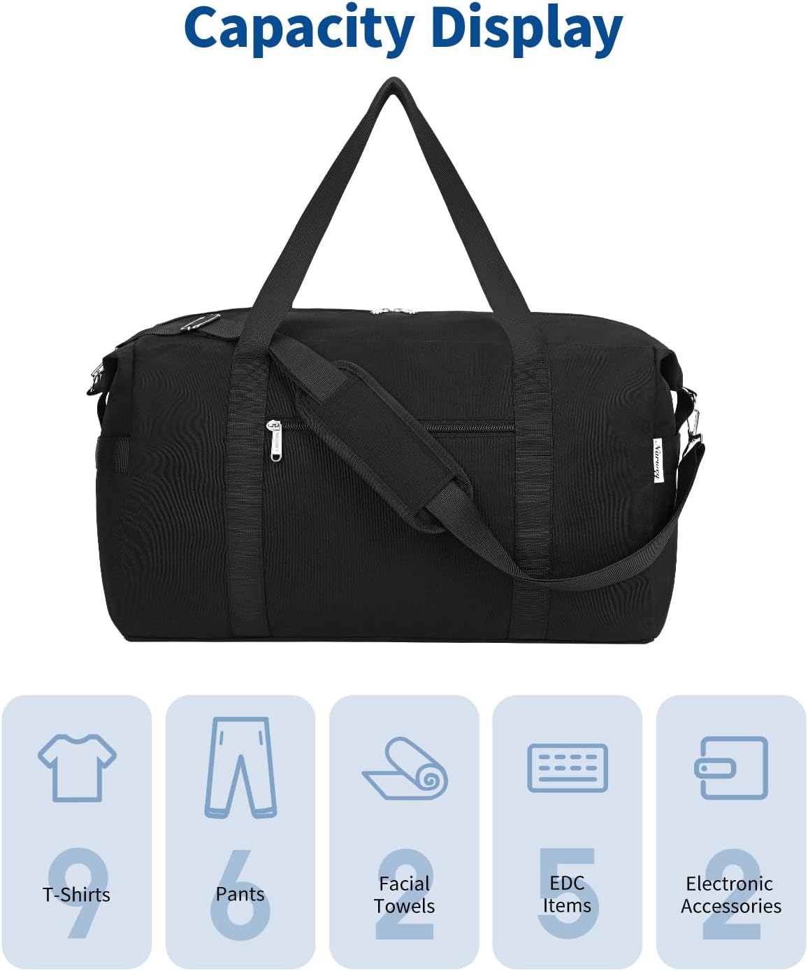 Narwey Carry on luaggage 22x14x9 Airlines Approved Foldable Carry on Bag Travel Duffel Packable Duffle with Wet Pocket Overnight for Women and Men 40L (Black)