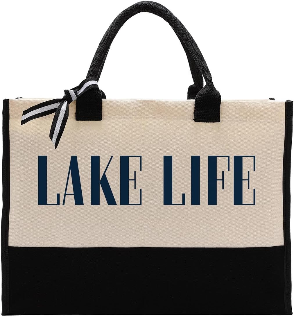 EDCTO Canvas Tote Bag, Cotton Canvas Tote Bag, Lake Trip Bag, Birthday Gifts for Women Friend Her, Canvas Tote Bags for Lake Life Lover, Canvas Beach Tote for Boating Weekend Holiday Overnight Travel