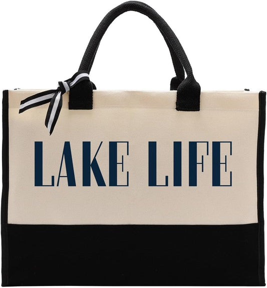 EDCTO Canvas Tote Bag, Cotton Canvas Tote Bag, Lake Trip Bag, Birthday Gifts for Women Friend Her, Canvas Tote Bags for Lake Life Lover, Canvas Beach Tote for Boating Weekend Holiday Overnight Travel