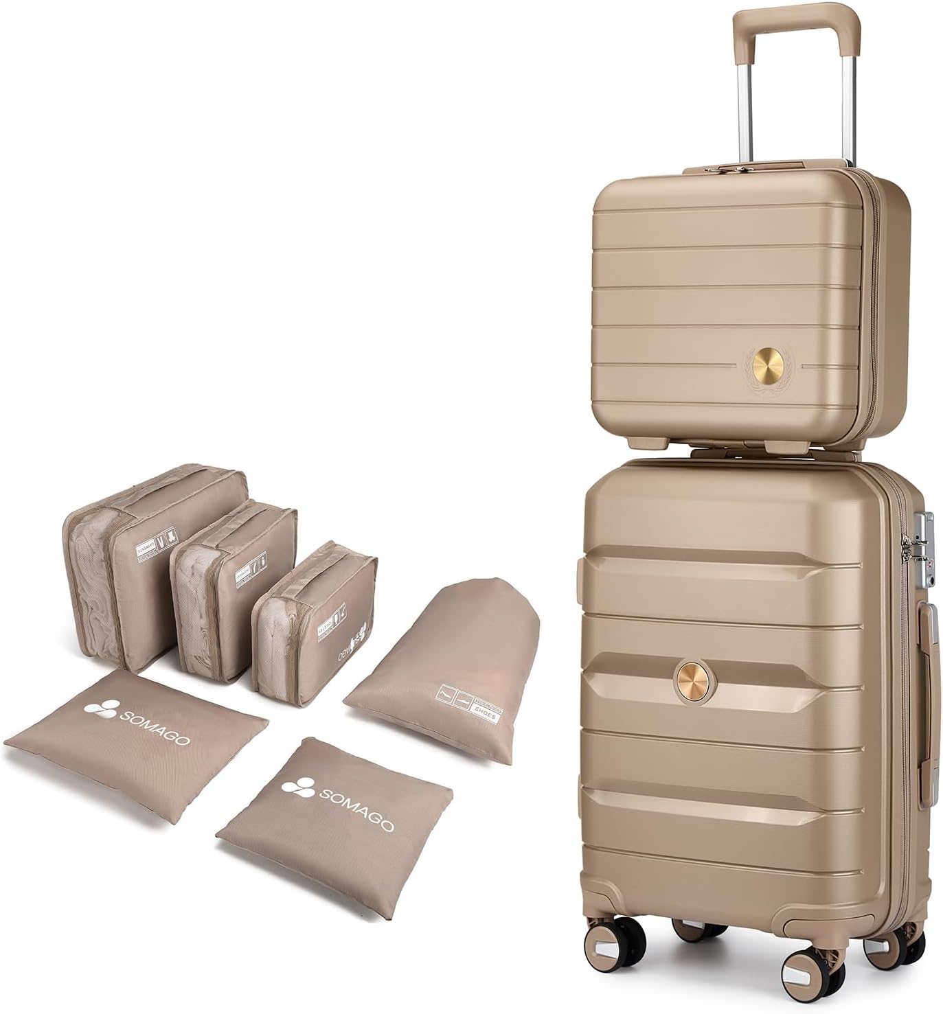 Somago 20 Inch Carry On Luggage Sets Hardside Suitcase with Double Spinner Wheels and TSA Lock YKK Zipper (Noble Golden,14/20)