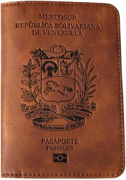 Passport Holder. GENUINE TOP GRAIN LEATHER. Luxury Gift Box. Pen, and SIM Card Removal Tool Included/Travel Wallet (Venezuelen-Brown)