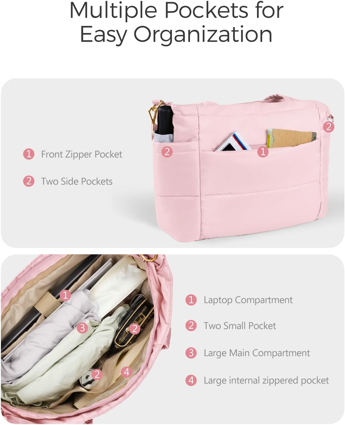Puffer Tote Bag for Women, Lightweight Quilted Work Purse with Phone Pocket Fits 15.6" Laptop for Nurse Teacher Travel
