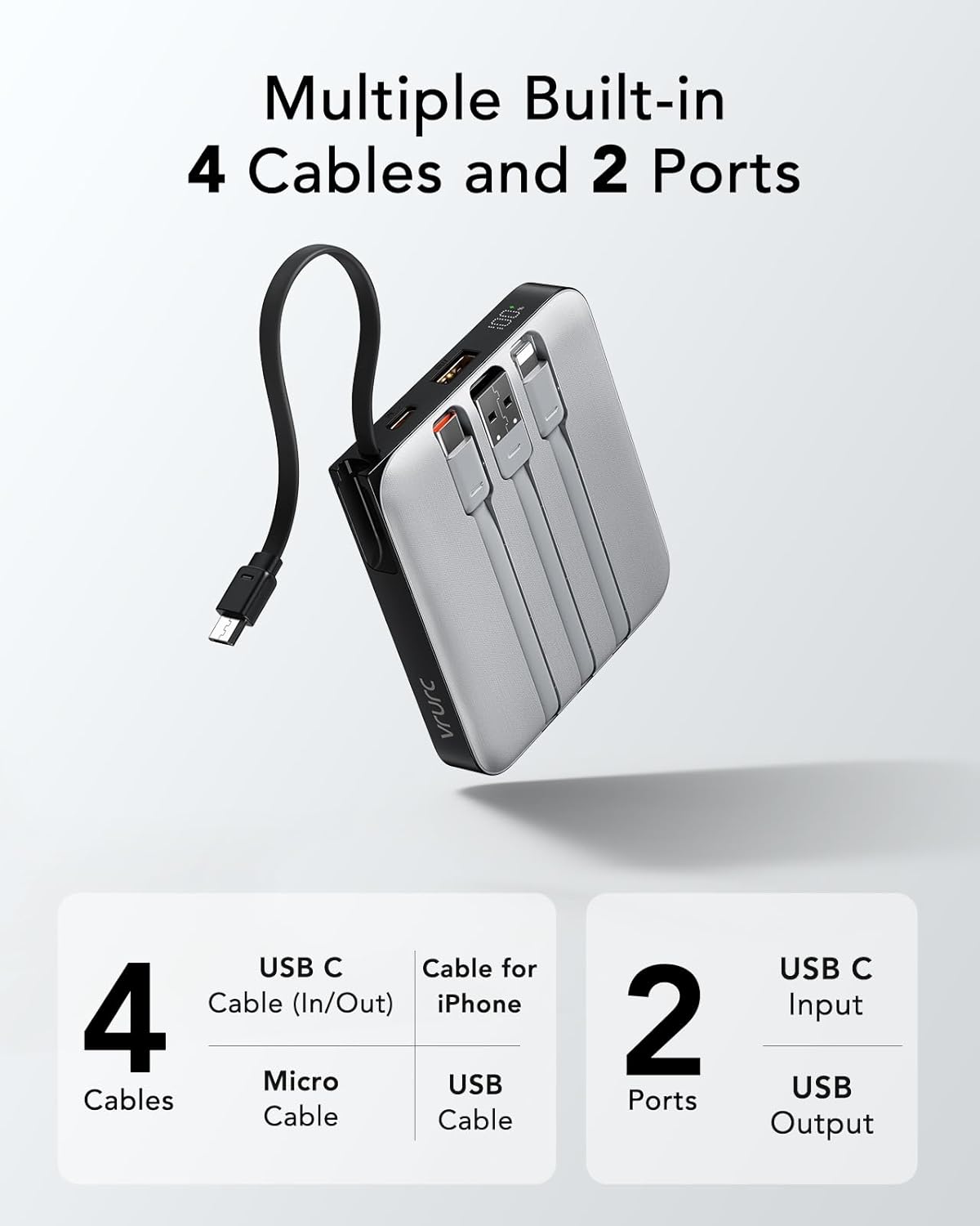VRURC Portable Phone Charger 4 Built-in Cables, Fast Charging PD 20W Power Bank 10000mAh, USB C