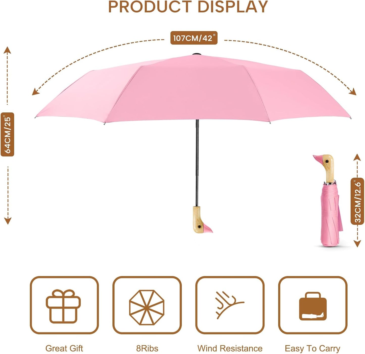 LEAGERA Compact Small Umbrellas for Rain&Sun, Cute Design Duck Head Umbrella for Girls Gifts, 8 Ribs Folding Umbrella with Wooden Handle