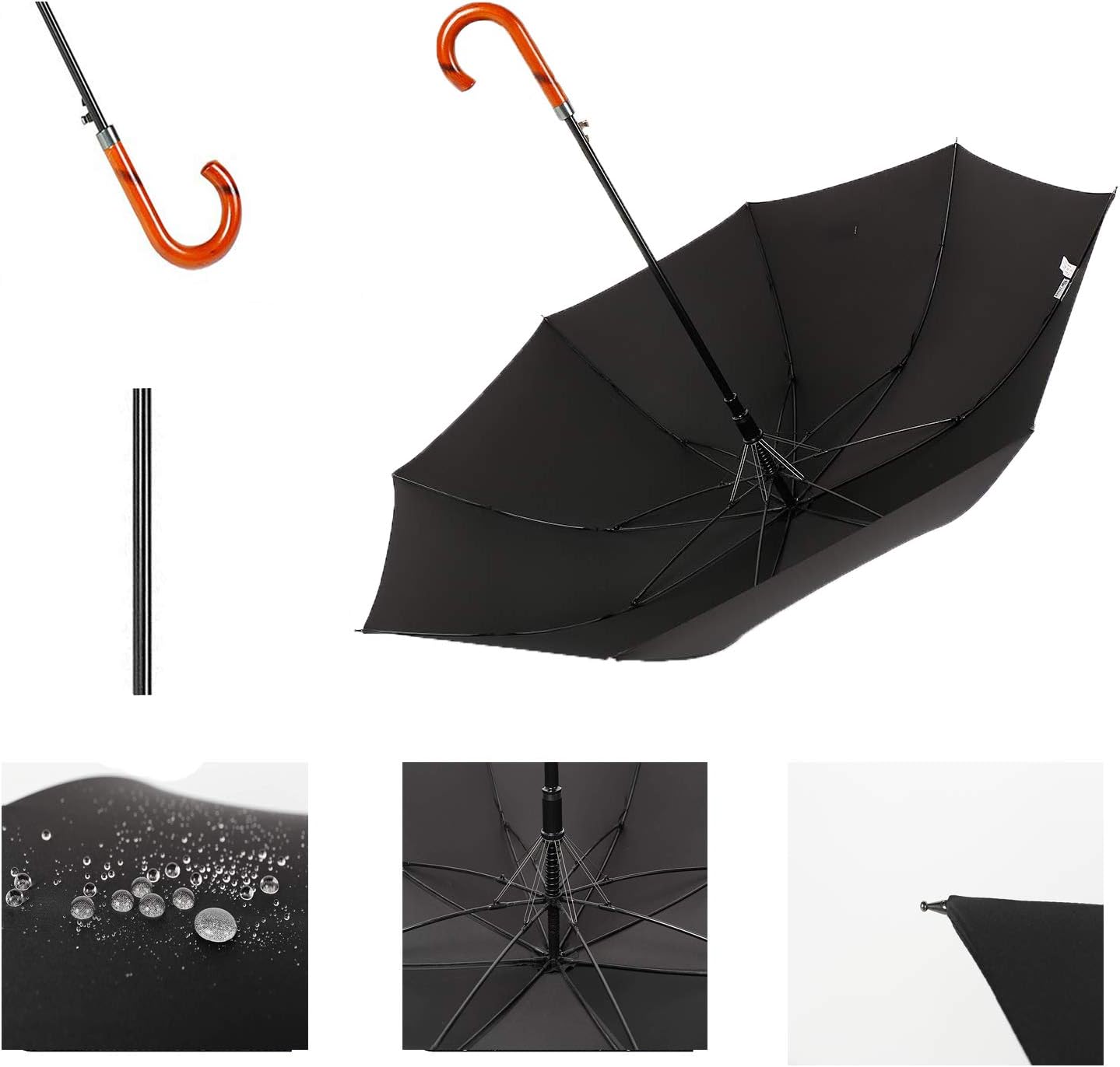 TIME LOVER Stick Umbrella Oversize Windproof Umbrella Wooden Hook Handle J Stick Automatic Open Fast Drying Umbrella for Men Women(Black)