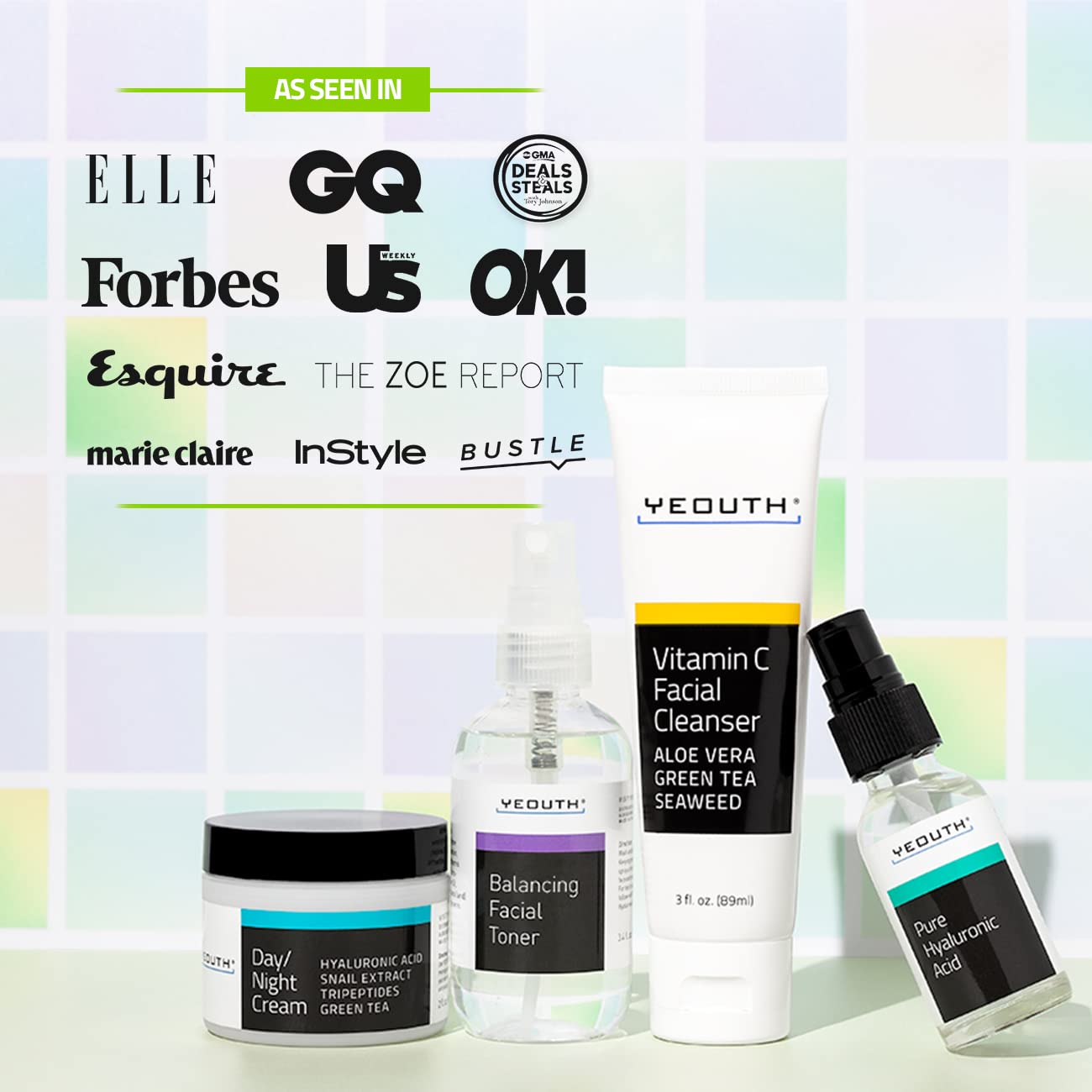 YEOUTH Skin Care Set: Hyaluronic Acid Serum, Vitamin C Cleanser, Toner & Face Cream, Teen Skincare Kit Girls & Boys 4-Piece Beauty Gifts