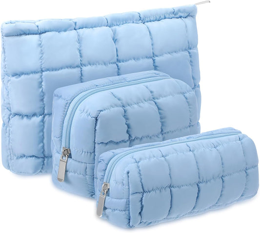 3 Pcs Puffy Makeup Bag Quilted Cosmetic Pouch for Women Cute Checkered Travel Toiletry Bag Puffer Makeup Organizer Purse Pouch Preppy Pencil Case with Zipper