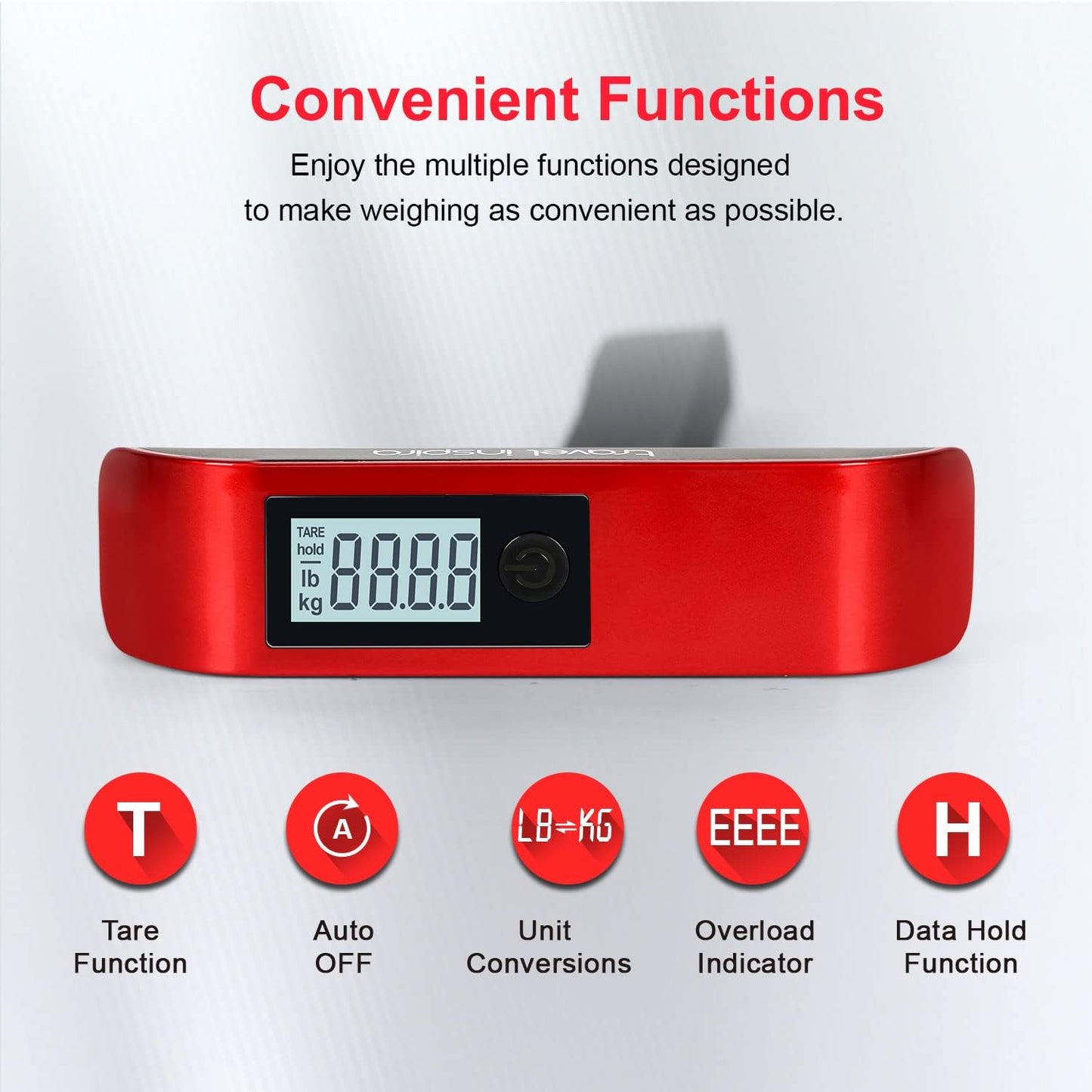 travel inspira Luggage Scale, Portable Digital Hanging Baggage Scale for Travel, Suitcase Weight Scale with Rubber Paint, 110 Pounds, Battery Included