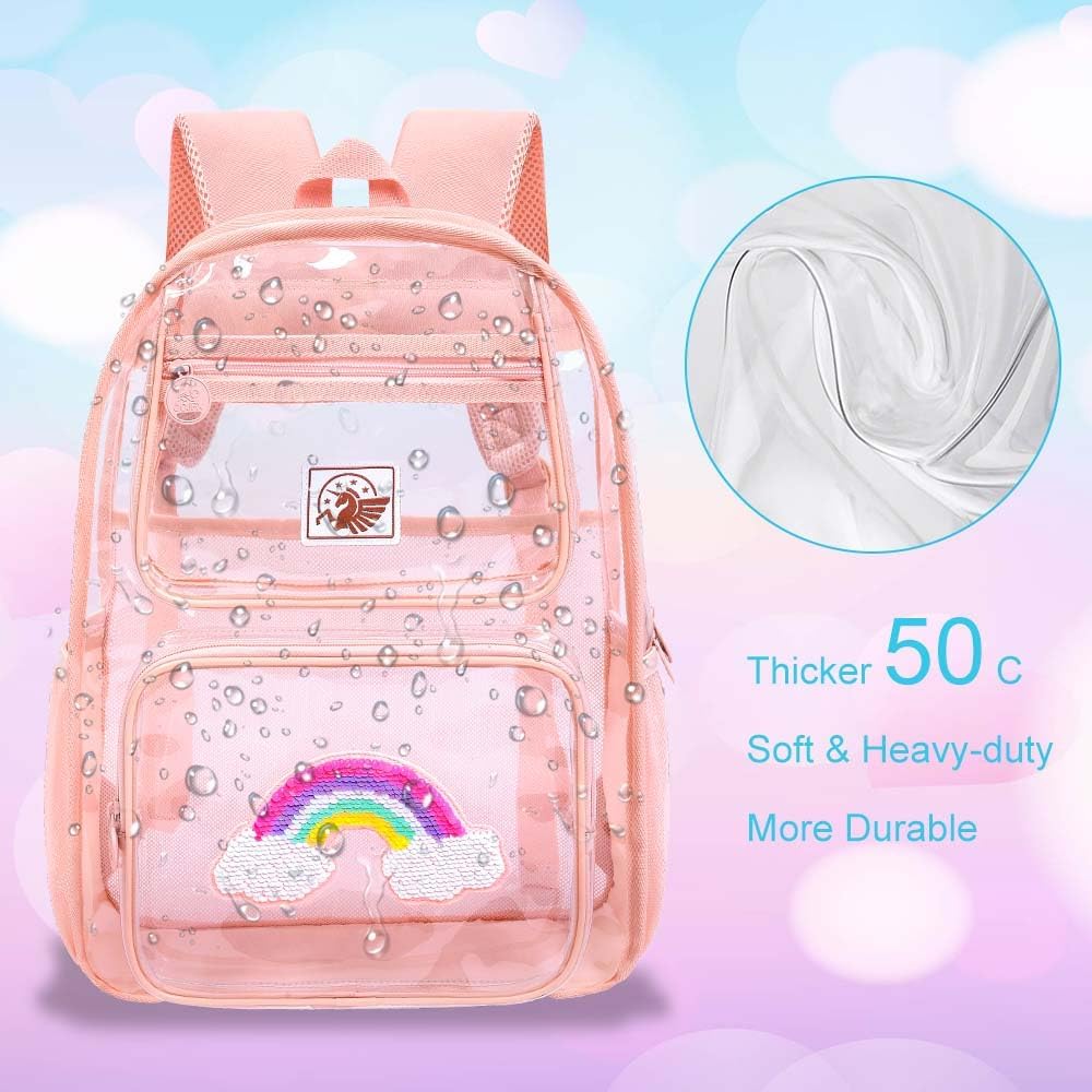 Clear Backpack for Girls and Boys, Kids Transparent Bookbag, 3PCS Cute See Through School Bag for Elementary Prechool