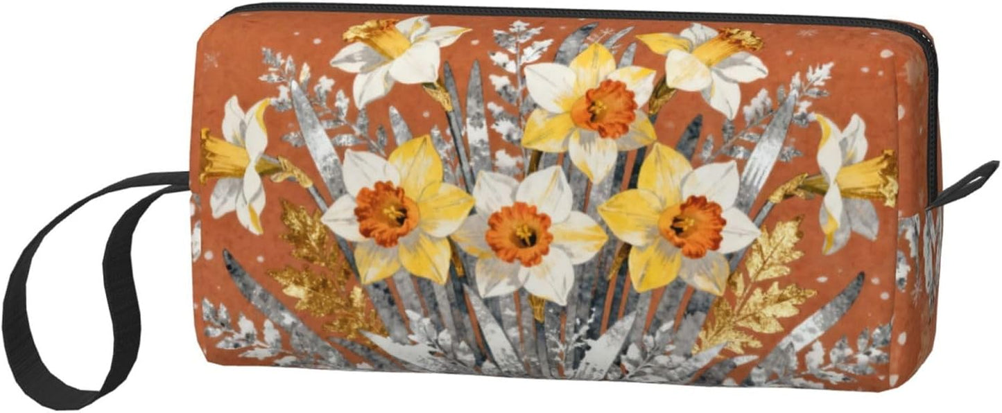 Watercolor Daffodil Bouquet Makeup Bag Organizer Compact & Durable Flower Travel Cosmetic Bag Oxford Fabric Impact-Resistant Multi-Purpose Storage Perfect for Travel, Gym, Daily Use