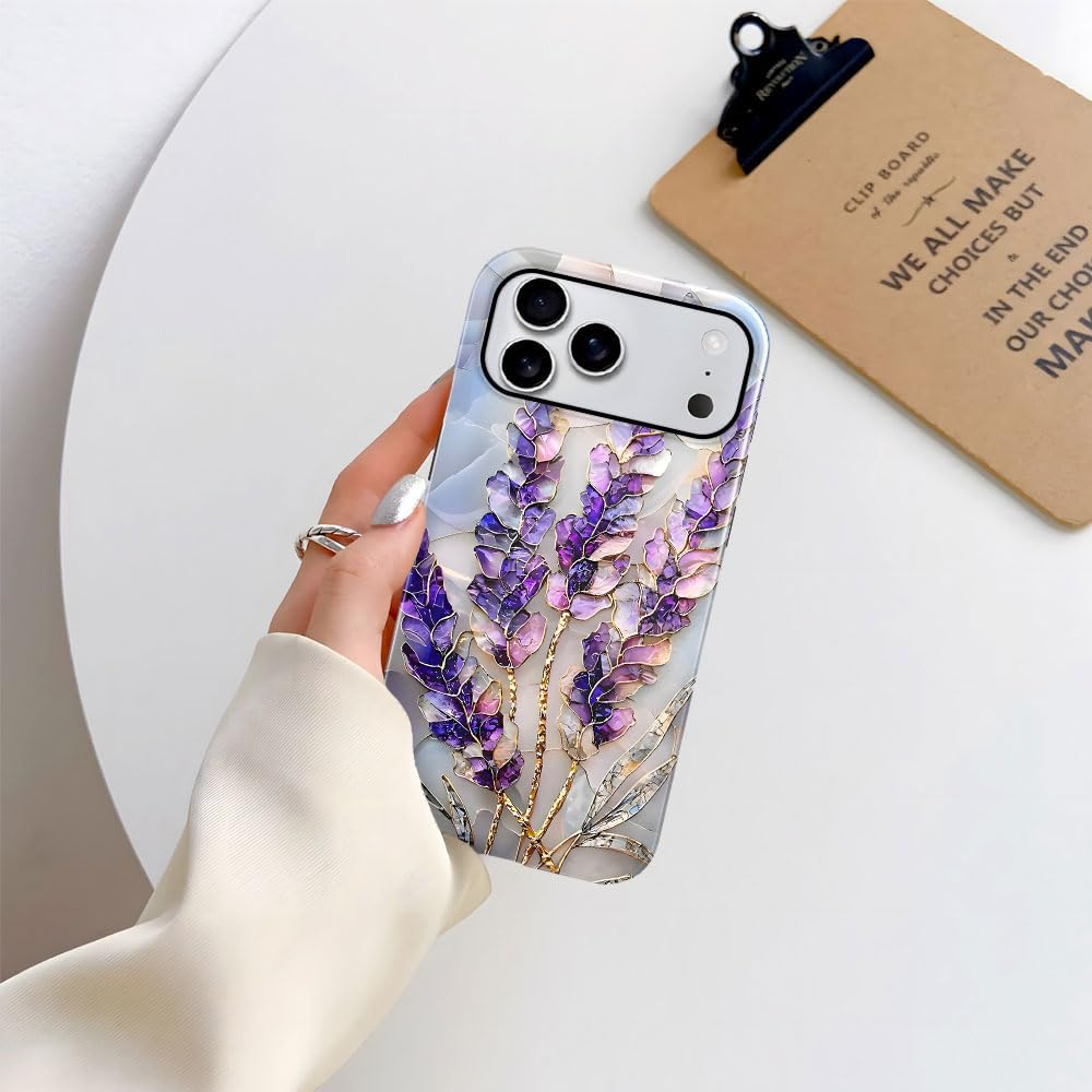 Case for iPhone 17 Pro Max - Slim Fit Anti-Scratch Phone Case for Girl Women - Lavender Stained Glass Purple Floral (Glossy)