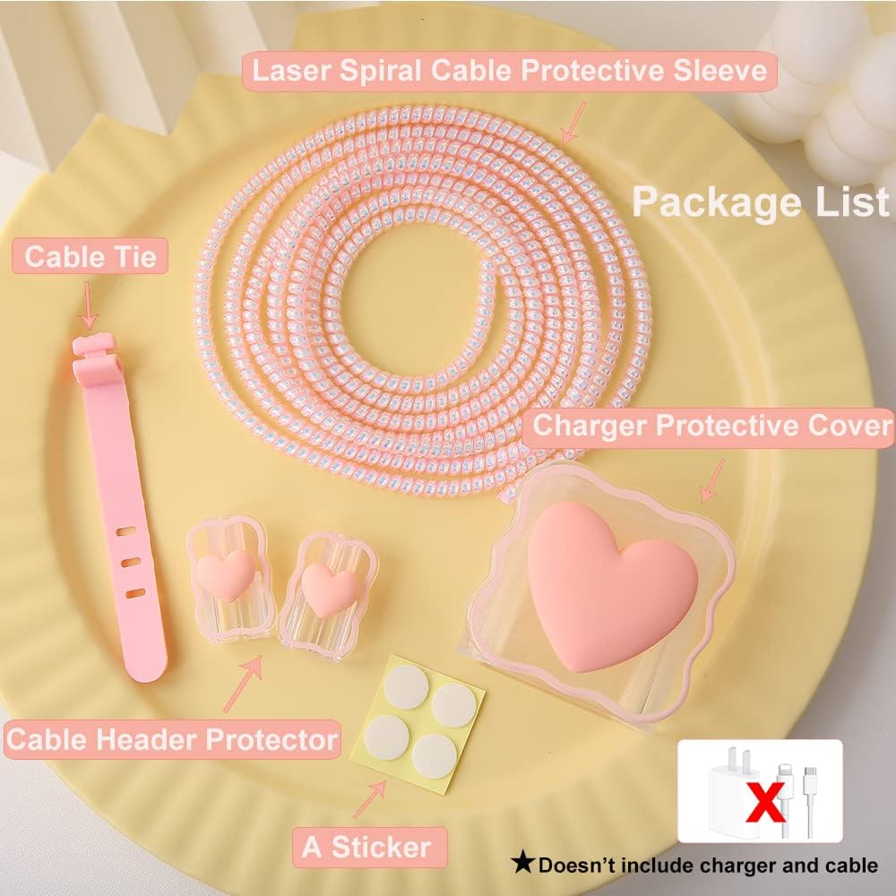 Compatible with iPhone 18W/20W USB-C Charger Cover Lovely 3D Love Heart Waves Clear Soft Charger Protector Cute Cable Saver for iPhone 11 12 13 14 Pro Max Fast Power Adapter, Pink 1 (5in1)