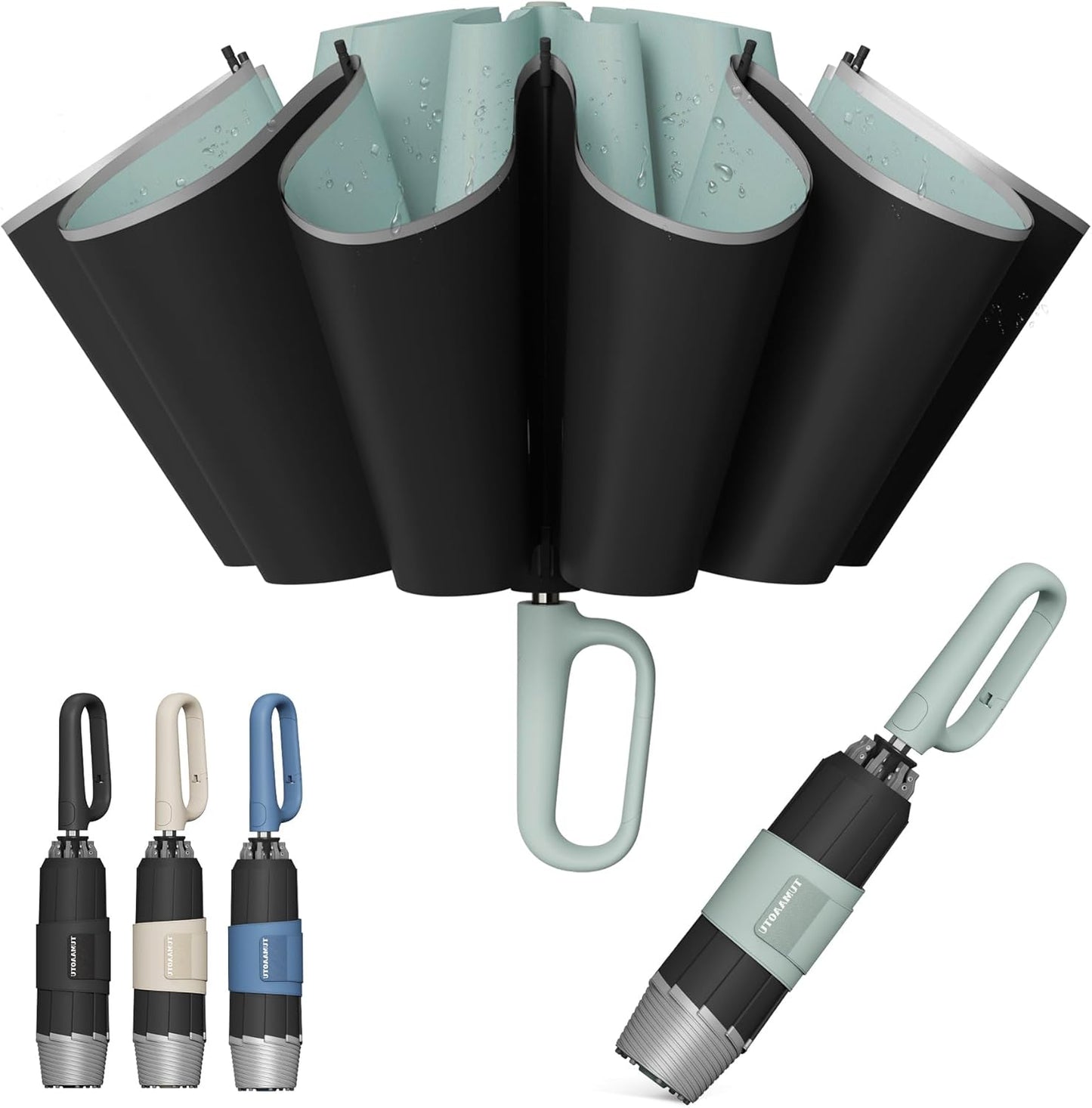 QWB TUMAAOTU Inverted Umbrella with Carabiner Handle, Wind Proof Umbrellas For Rain and Sun, 46 Inch Portable Reverse Folding UV Umbrella, Car Umbrella for Women Men, 10 Ribs