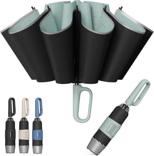 QWB TUMAAOTU Inverted Umbrella with Carabiner Handle, Wind Proof Umbrellas For Rain and Sun, 46 Inch Portable Reverse Folding UV Umbrella, Car Umbrella for Women Men, 10 Ribs