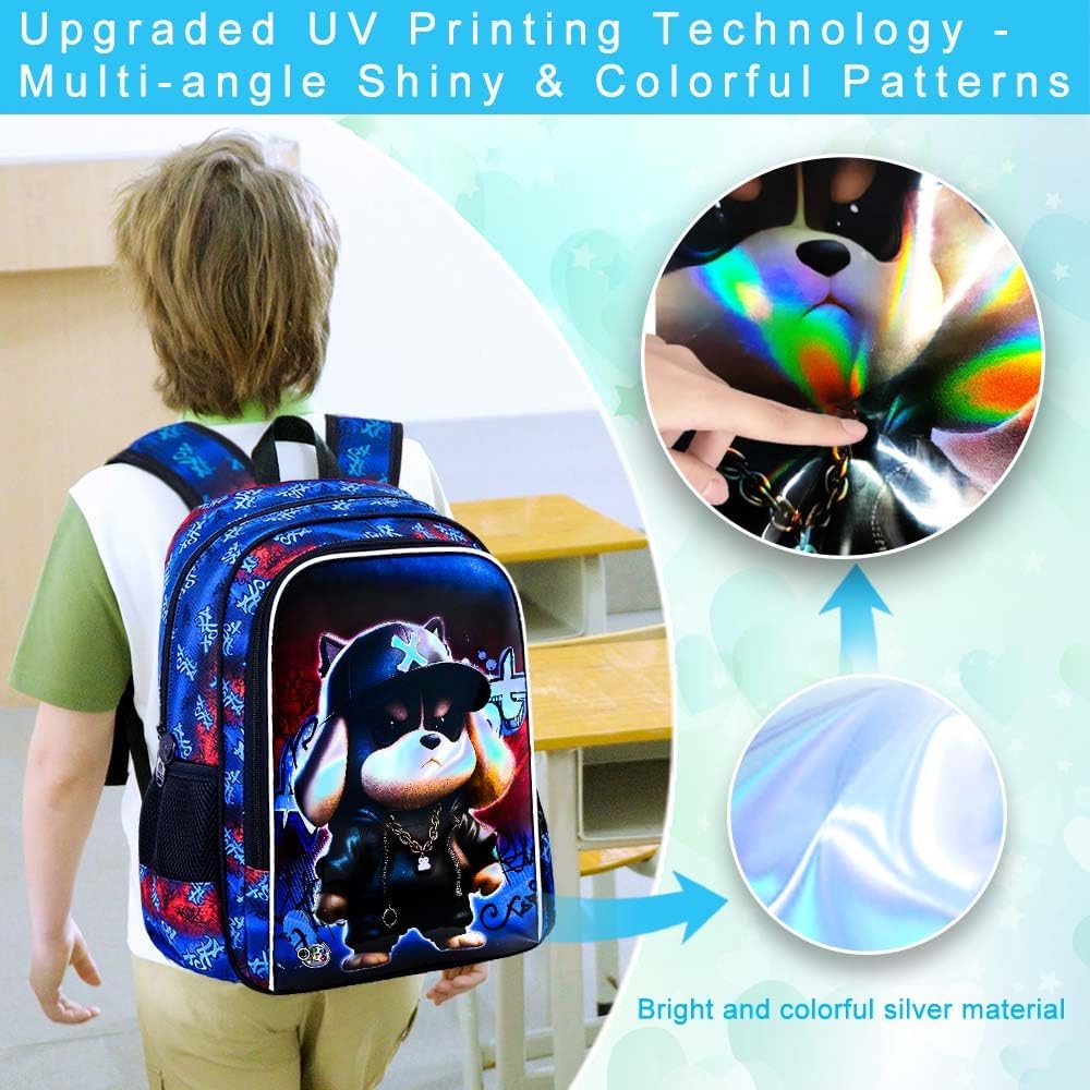 CCJPX 16" Kids Backpack for Boys, 3PCS Dog Water Resistant Preschool Bookbags with Lunch Box, Cool School Bag for Toddler Kids