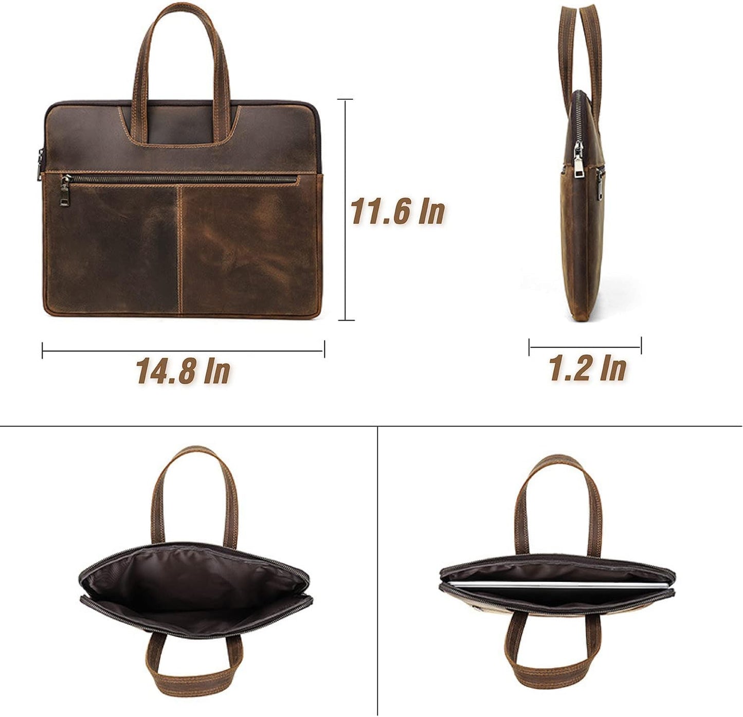 Top Grain Leather Text Customizable 15.4" Slim Laptop Briefcase Handbag, Vintage Handmade, Compatible with MacBook Pro/Air 13.3"/14.2"/15.4"/16" & Other Laptop/Tablet, Coffee 15.4 Inch