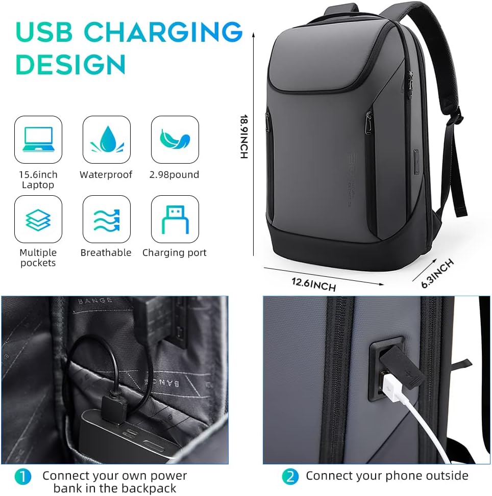 BANGE Business Smart Backpack Waterproof fit 15.6 Inch Laptop Backpack with USB Charging