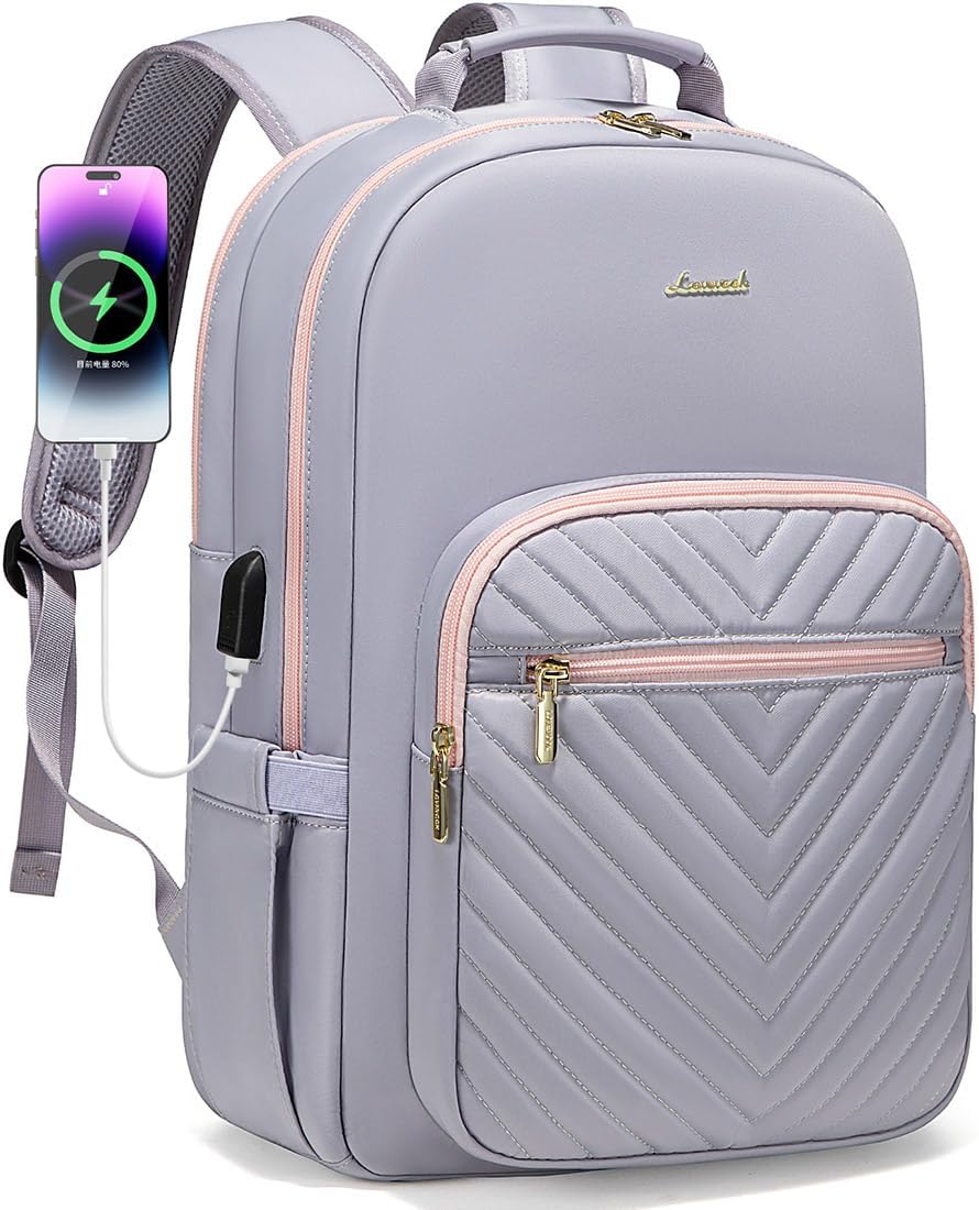 LOVEVOOK Laptop Backpack for Women 15.6 inch,Cute Travel Carry on Backpack Purse,Professional Computer Bag,Waterproof Work Business College Teacher Bag with USB Port,Grey Pink