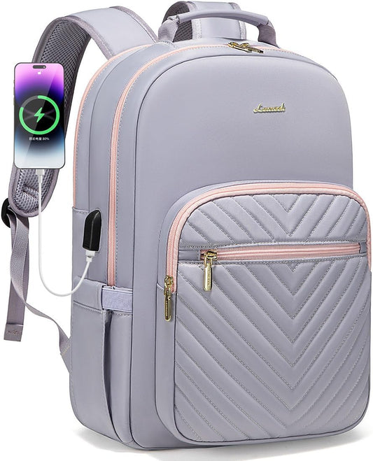 LOVEVOOK Laptop Backpack for Women 15.6 inch,Cute Travel Carry on Backpack Purse,Professional Computer Bag,Waterproof Work Business College Teacher Bag with USB Port,Grey Pink