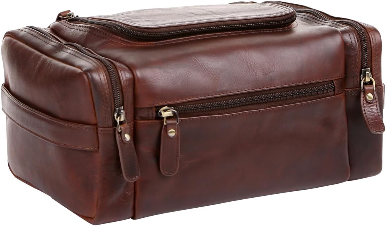 ELIZO Genuine Leather Toiletry Bag for Men Mens Toiletry Bags for Traveling Waterproof Hanging Leather Extra Large Toiletry Bag Travel Organizer for Toiletries