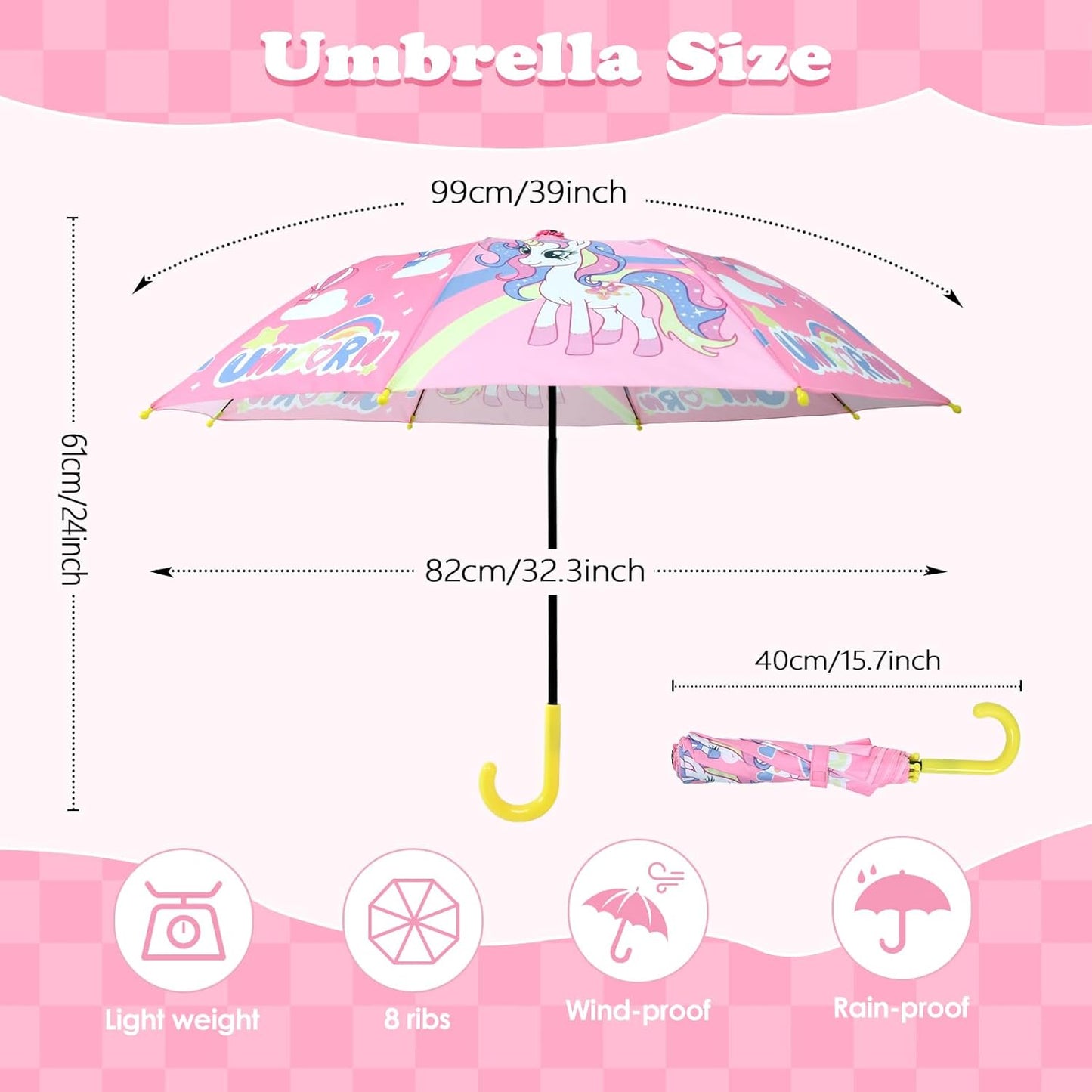 Kids Umbrella, Safety Windproof Umbrella with Easy-Grip Hook Handle for Toddler Girls and Boys