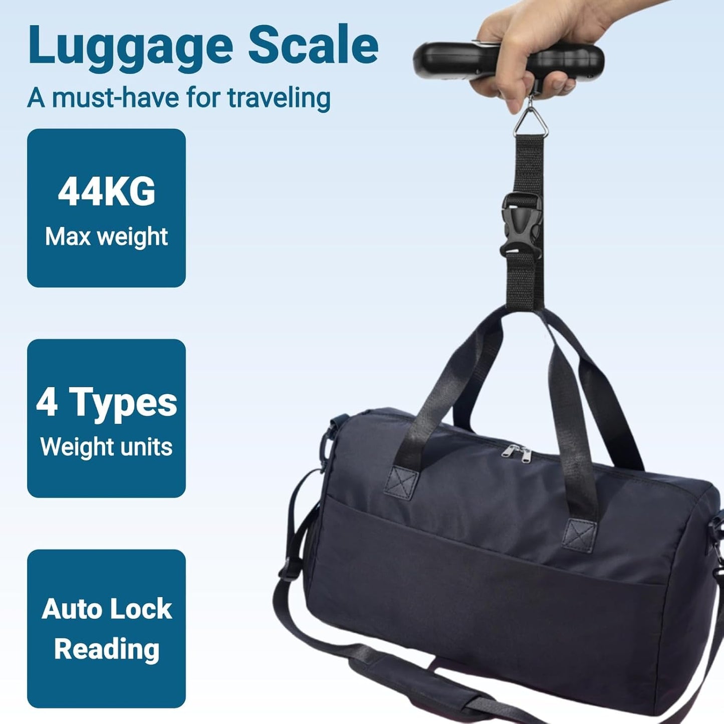 Luggage Scale, 44kg/97lb Portable Digital Hanging Baggage Scale for Travel, Automatic Lock Reading Suitcase Weight Scale with LCD Digital Display for Luggage, Travel, Bag, Battery Included