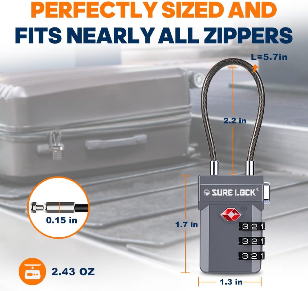 SURE LOCK TSA Approved 3-Digit Combination Luggage Locks – Open Alert Indicator, Re-settable Code with Zinc Alloy Body, Easy-Read Dials for Suitcase, Backpack, Gym Locker & Toolbox (Multiple Colors)
