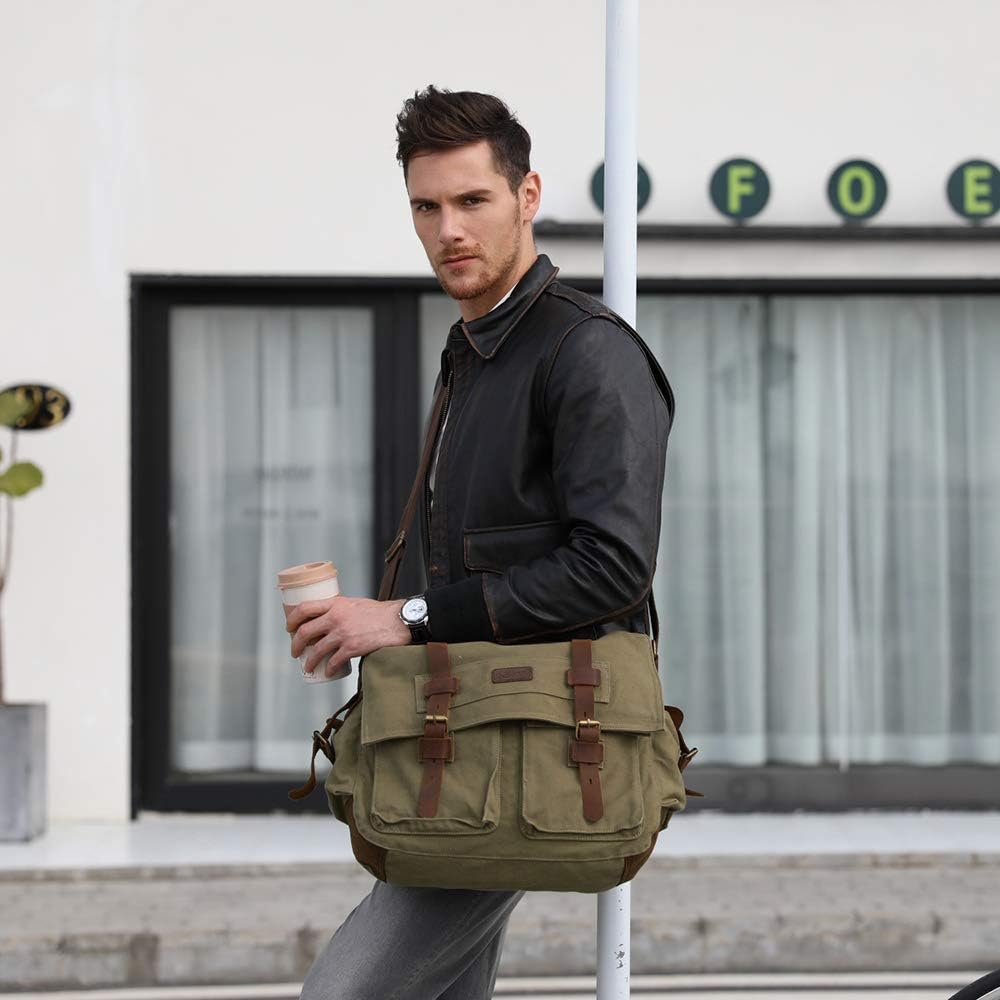 Kattee Military Messenger Bag Canvas Leather Shoulder Bag