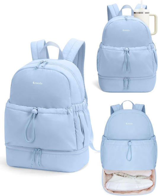 Ceneda Gym Backpack for Women, Lightweight Puffer Backpack with Shoe Compartment, Wet Pocket & Tumbler Strap, Cute Daypack for Fitness, Daily Use & Travel (Light Blue)