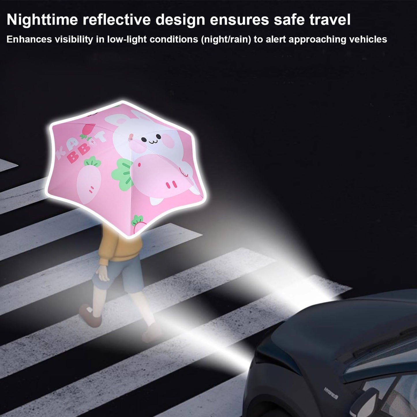 Kids UV and Rain Umbrella Sun Protection With Round Edges for Boys Girls Toddlers Easy Grp Curved Handle Stick Umbrella with Reflective Strip