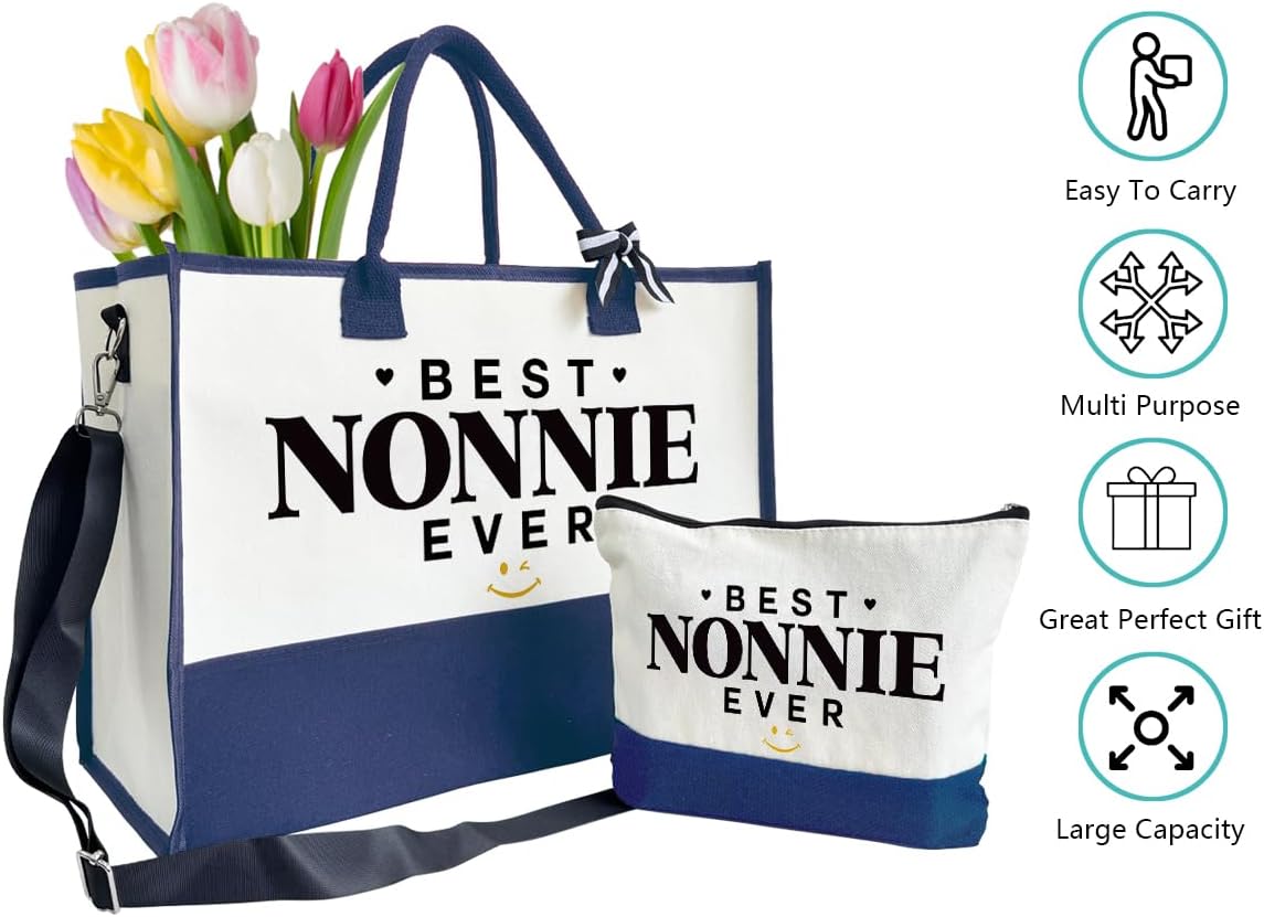 Best Nonnie Ever Tote Bag Gifts, Canvas Tote Bag for Women, Nonnie Gifts, Beach Bag and Makeup bag, Travel Bag Gifts for Nonnie, Canvas Tote Bag With Zipper, Mothers Day Christmas Gifts A11
